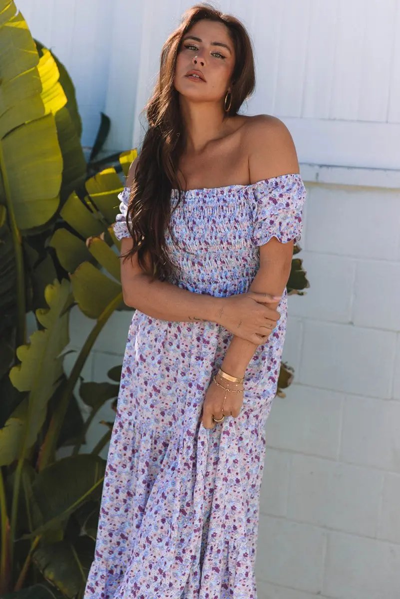 Purple Floral Short Bubble Sleeve Shirred High Waist Maxi Dress - Love Salve
